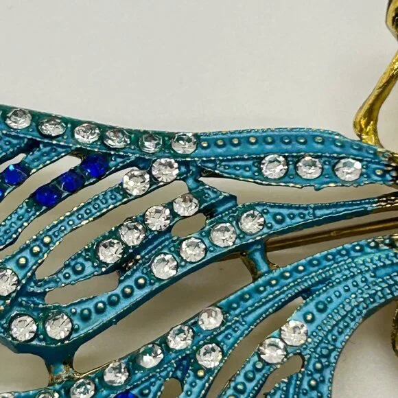 Dragonfly Brooch Articulated Tail Blue Teal Rhinestones Statement 5 inch wide - Picture 12 of 16